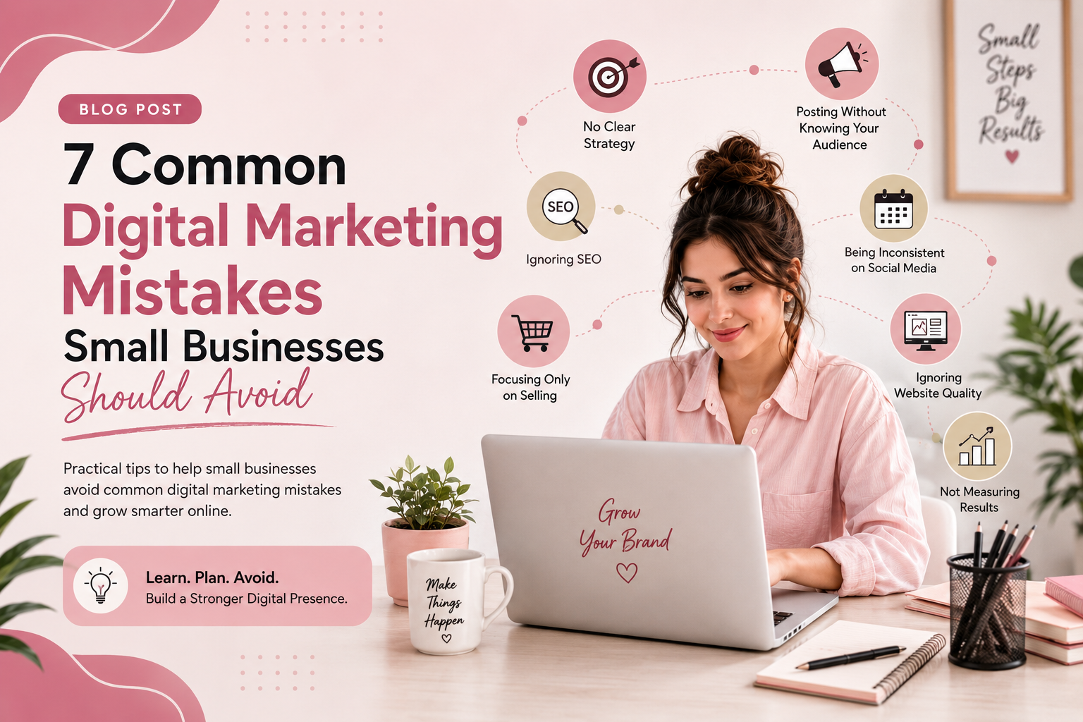 Woman working on a laptop in a digital marketing workspace, Digital Marketing Mistakes