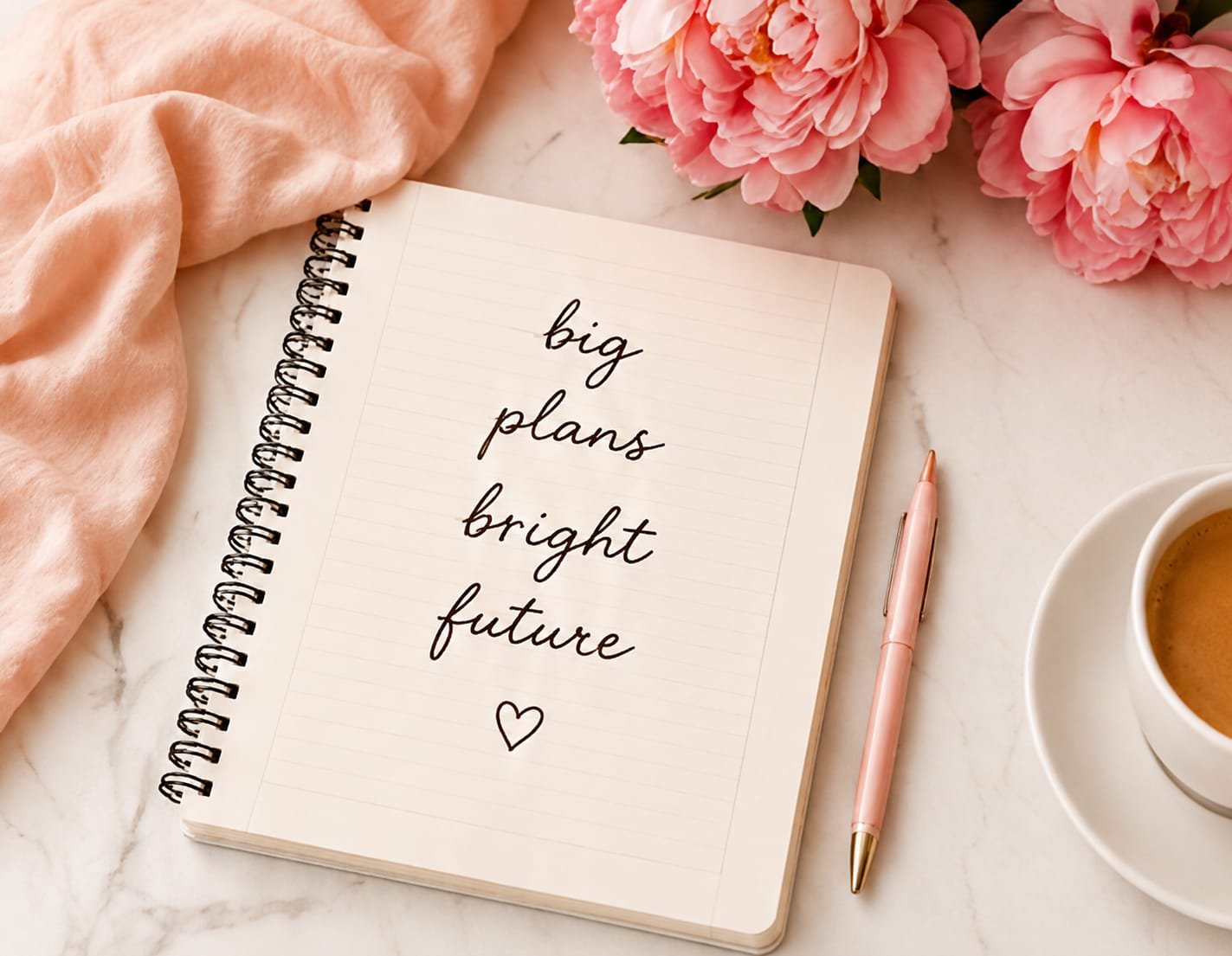 “Notebook with big plans and bright future message, surrounded by flowers, pen, and coffee cup” Digital Marketing Contact Us