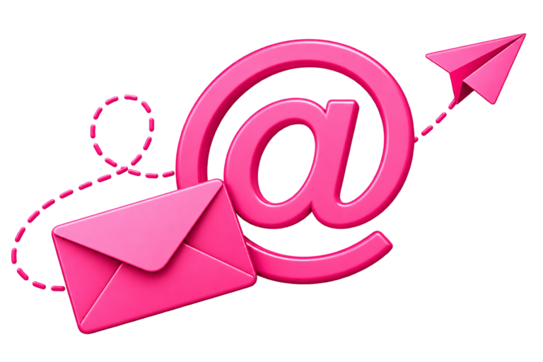 Pink email contact Illustration with envelope and @ symbol. Digital Marketing Contact Us