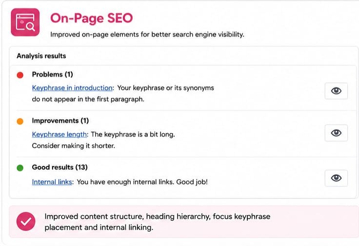 On-page SEO analysis showing keyphrase and internal linking improvements