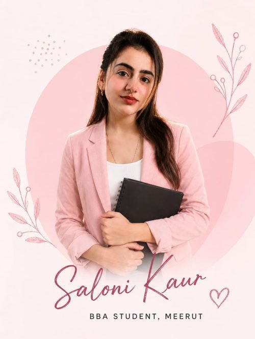 Digital Marketing Consultant Saloni Kaur holding a notebook in a professional pink blazer on the About Us page.