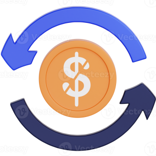 Payment and refund symbol with circular arrows around a dollar sign An illustration showing a dollar sign inside an orange circle, surrounded by circular arrows, representing service payments, payment processing, and refunds.